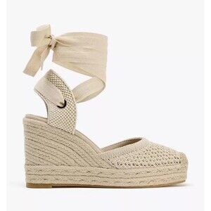 Zara Womens White Crochet Tie-Up Wedge Espadrilles Ankle Tie fastening Sz US 6.5